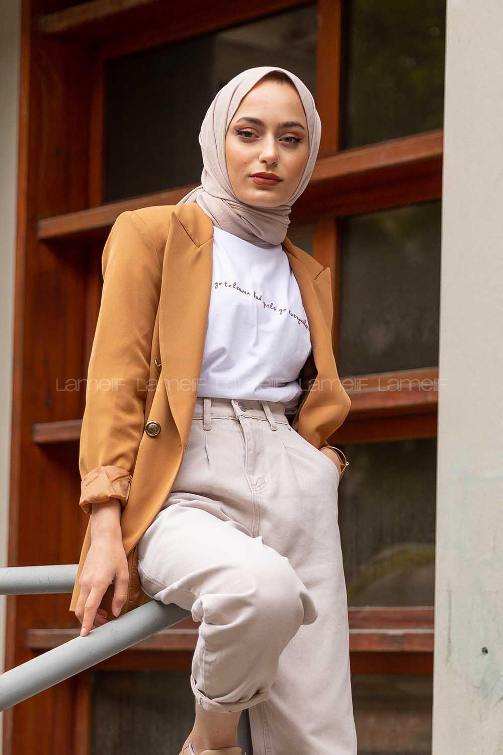 Modalamelif Önü Düğmeli Blazer Ceket Camel