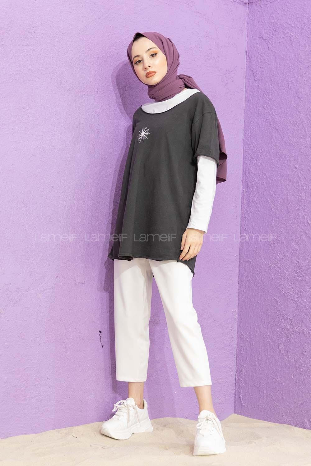 Modalamelif Güneş Baskılı T-Shirt Füme