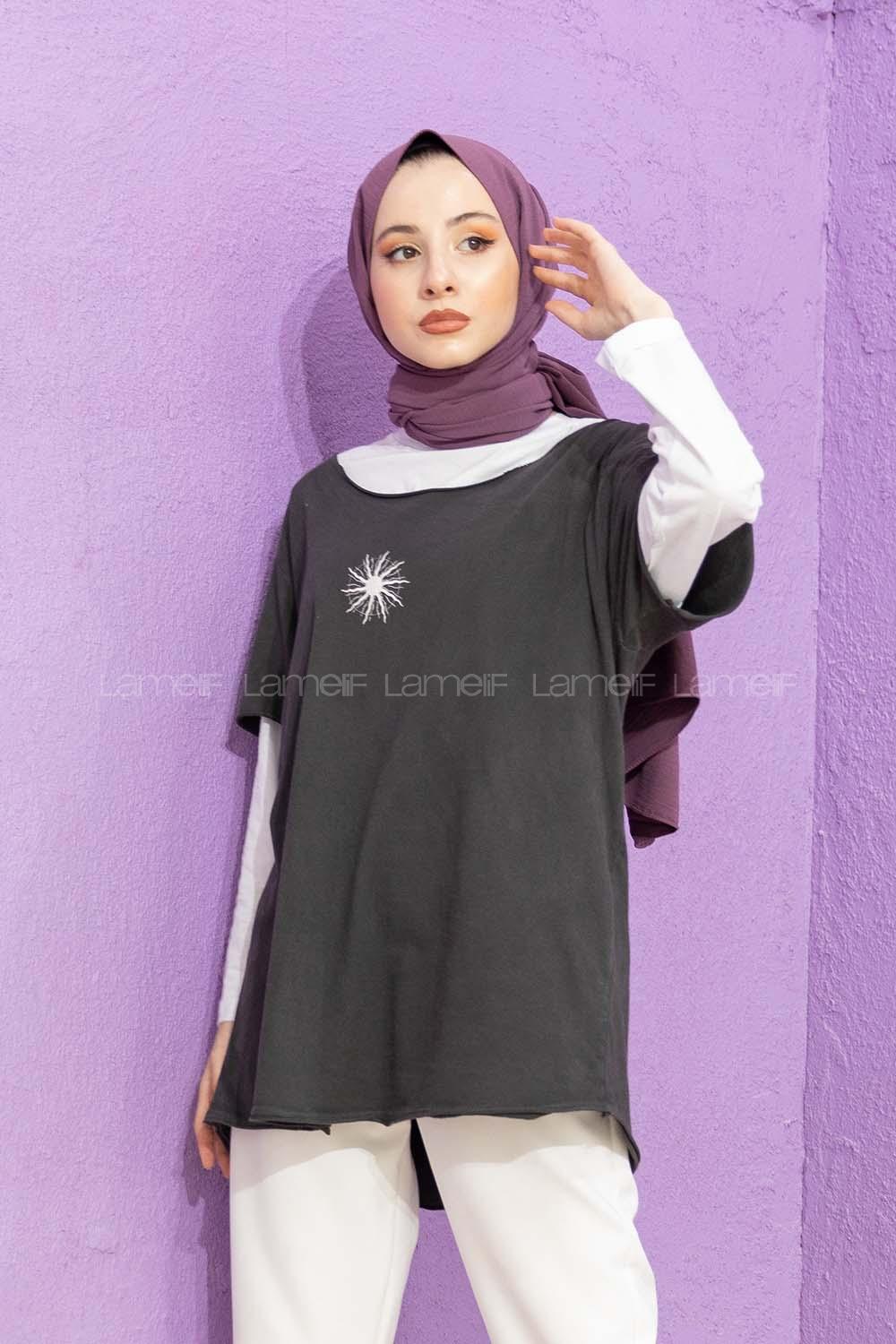 Modalamelif Güneş Baskılı T-Shirt Füme