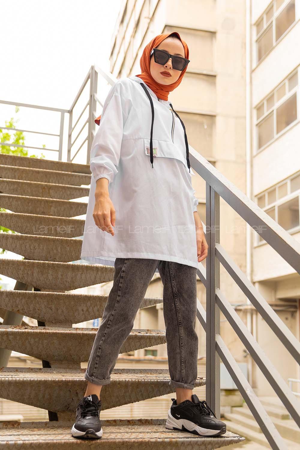 Modalamelif  Arma Baskılı Kapşonlu Tunik  Beyaz