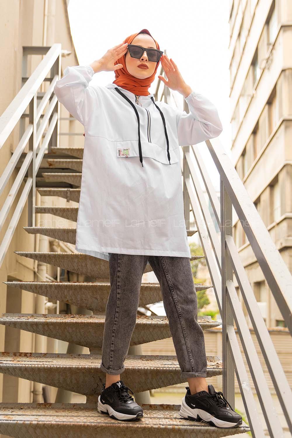 Modalamelif  Arma Baskılı Kapşonlu Tunik  Beyaz