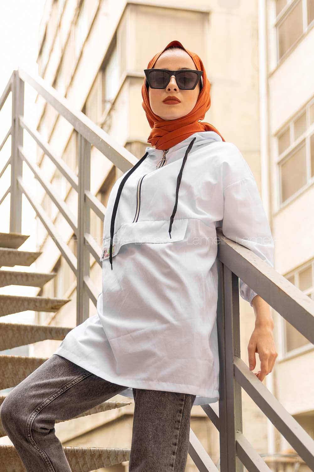 Modalamelif  Arma Baskılı Kapşonlu Tunik  Beyaz