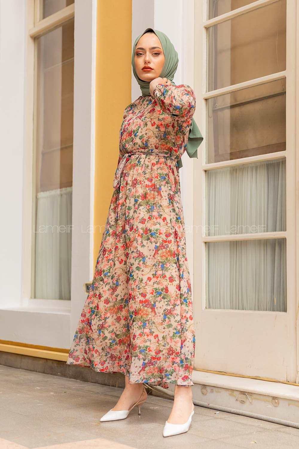 Modalamelif Çiçek Desenli Şifon Elbise Bej