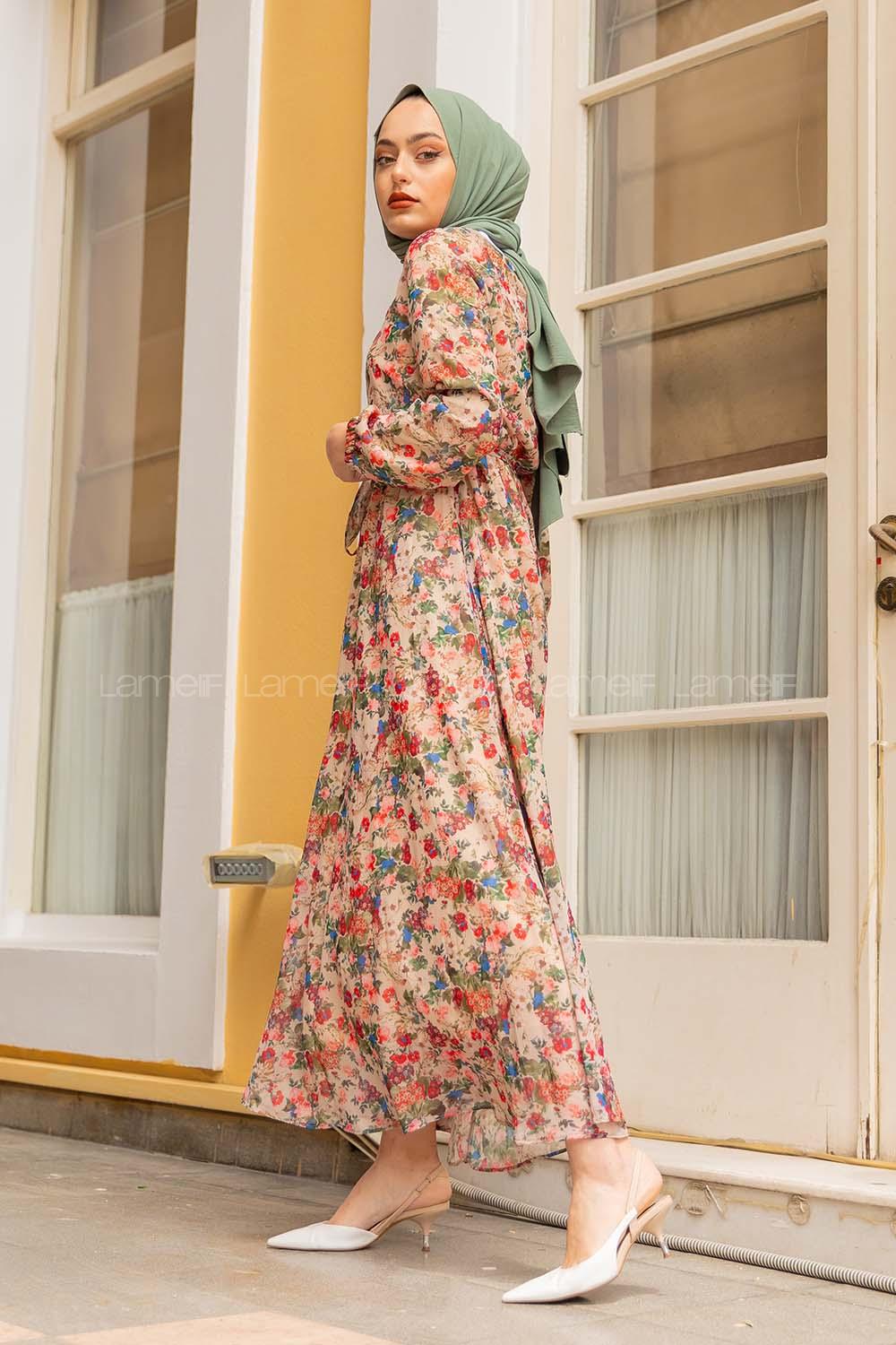 Modalamelif Çiçek Desenli Şifon Elbise Bej