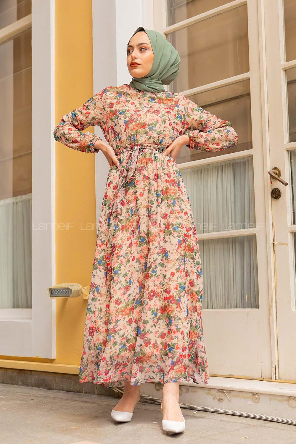 Modalamelif Çiçek Desenli Şifon Elbise Bej