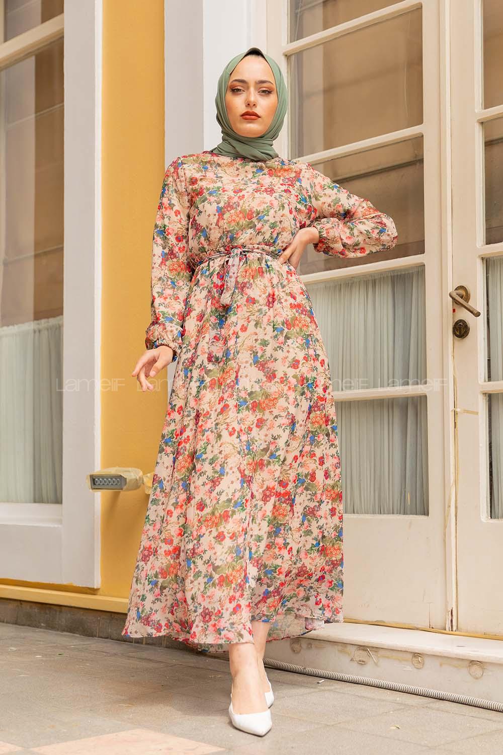 Modalamelif Çiçek Desenli Şifon Elbise Bej