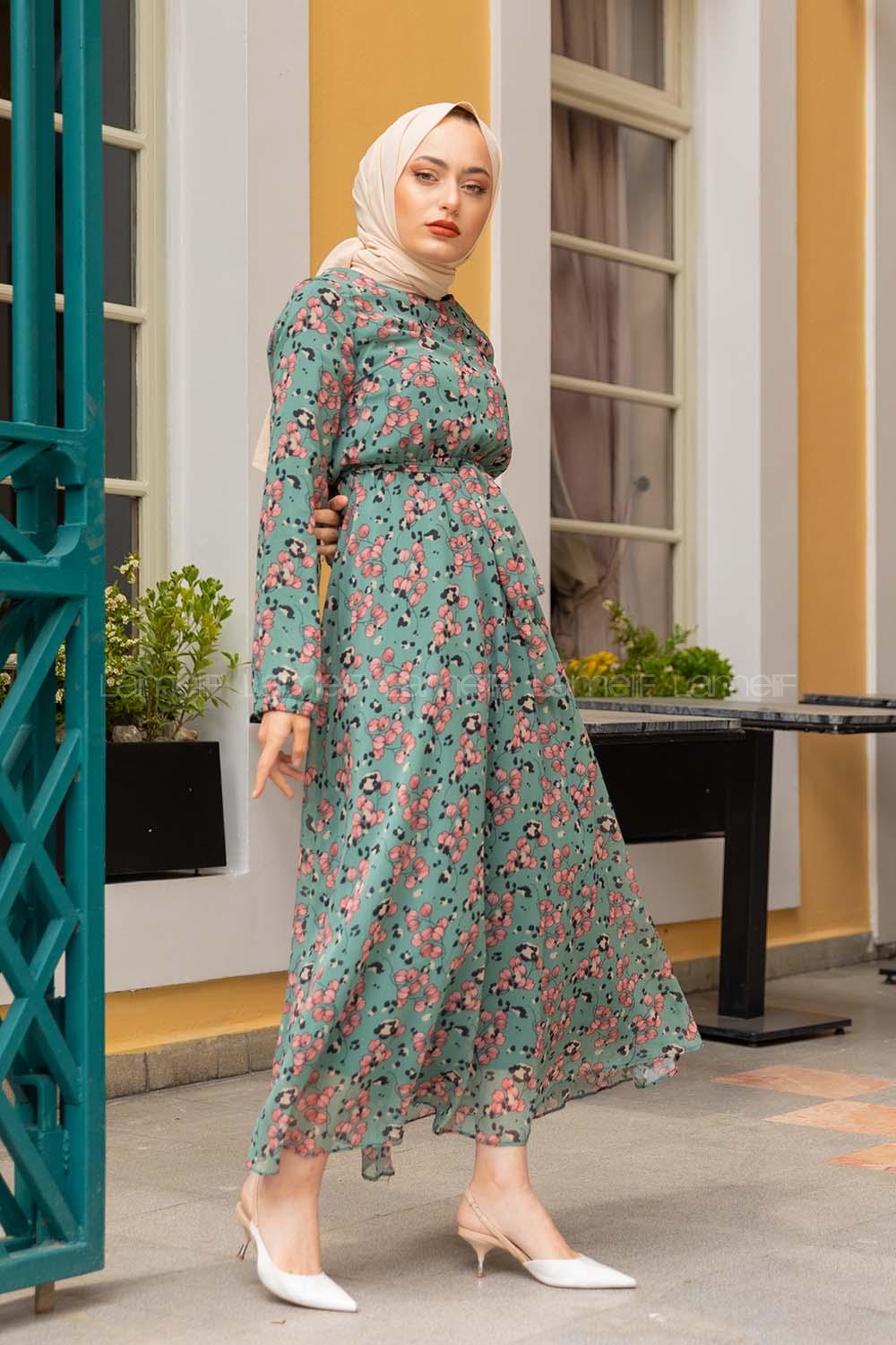 Modalamelif Çiçek Desenli Şifon Elbise Pastel Yeşili