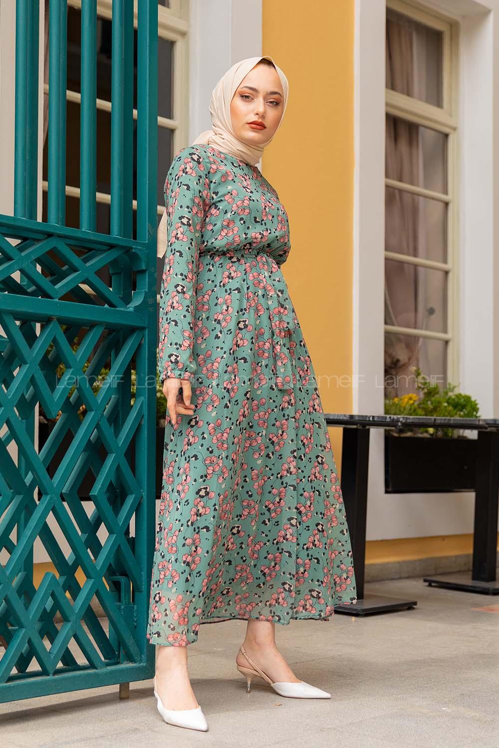 Modalamelif Çiçek Desenli Şifon Elbise Pastel Yeşili