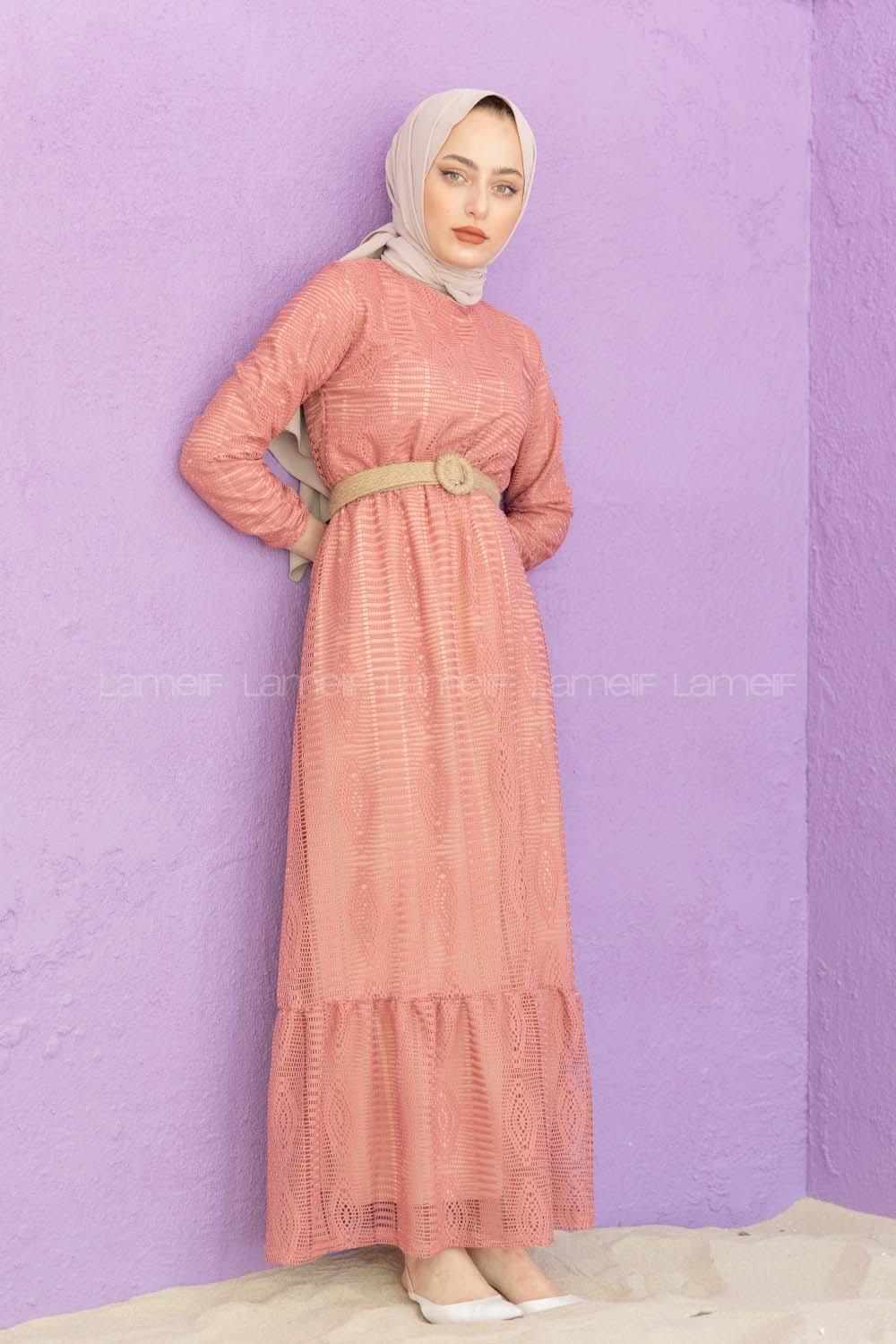 Modalamelif Hasır Kemerli Raşel Elbise Gül