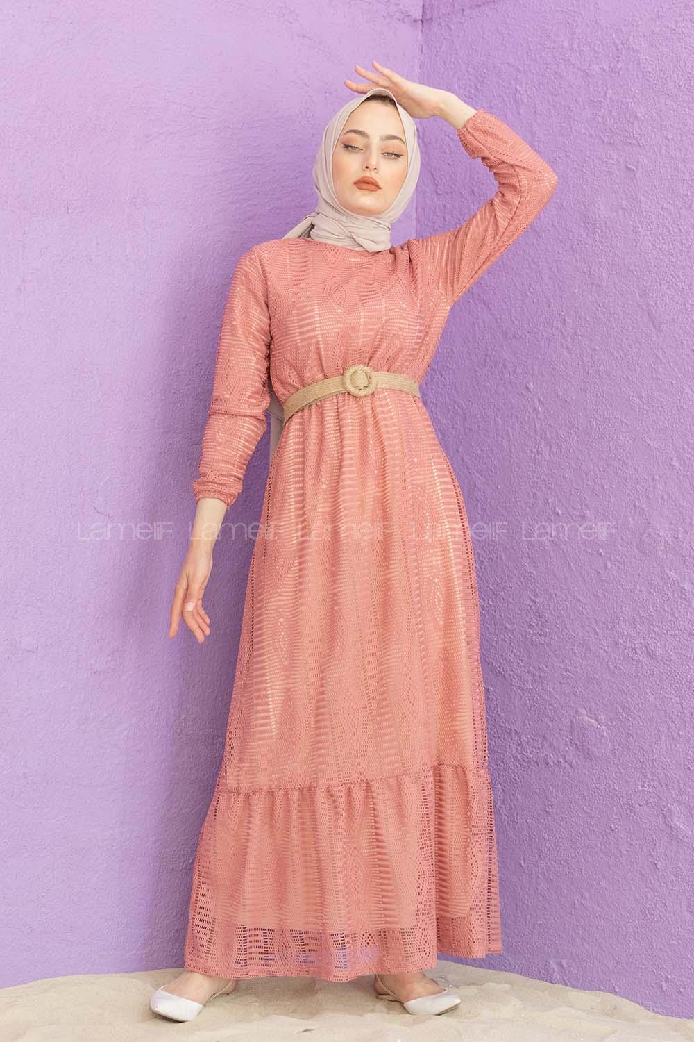 Modalamelif Hasır Kemerli Raşel Elbise Gül