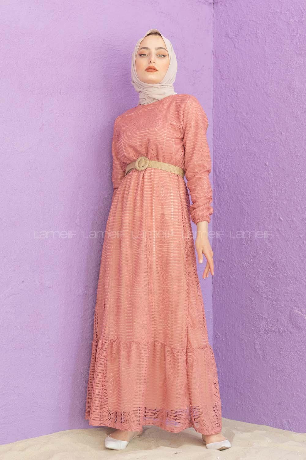 Modalamelif Hasır Kemerli Raşel Elbise Gül