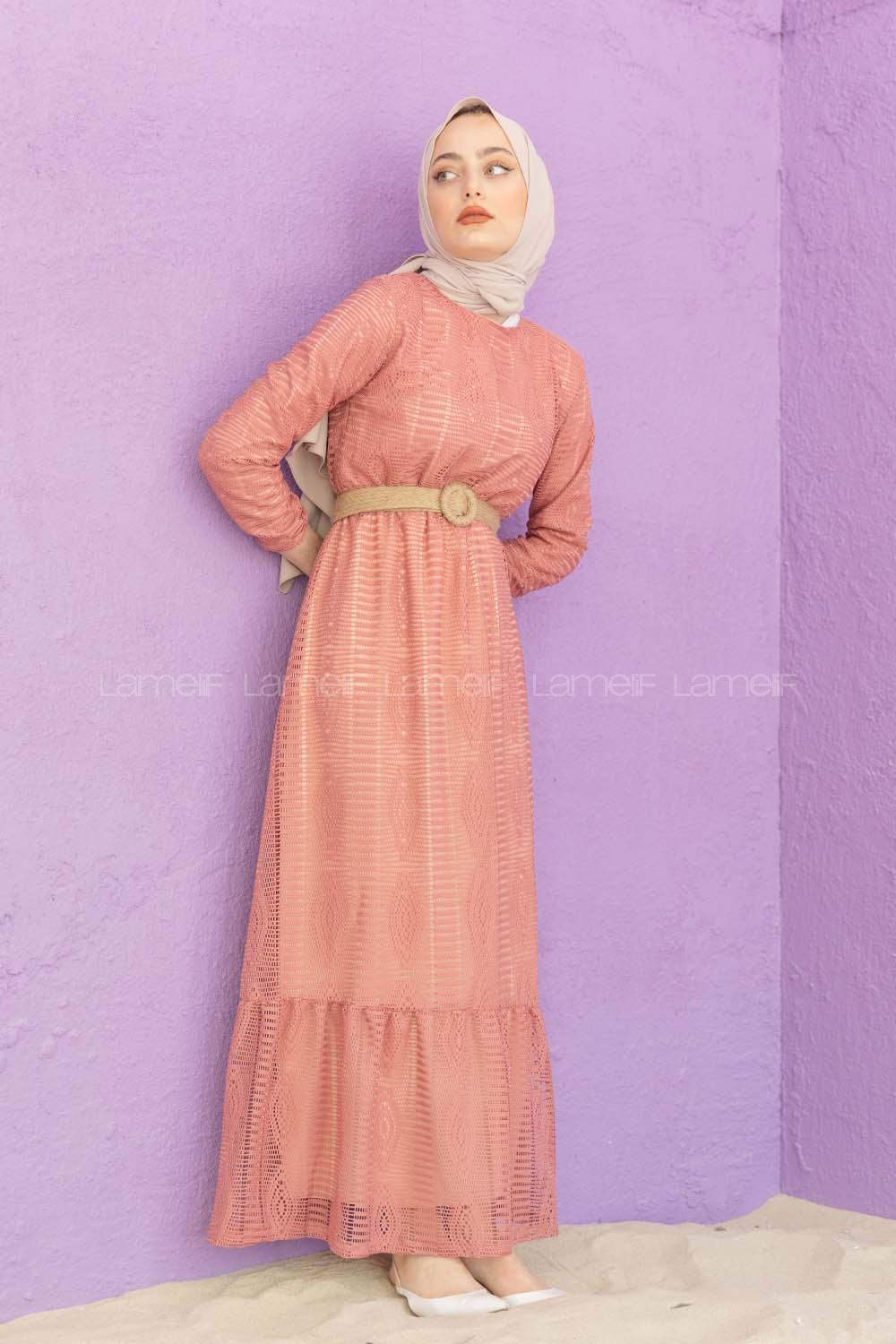 Modalamelif Hasır Kemerli Raşel Elbise Gül