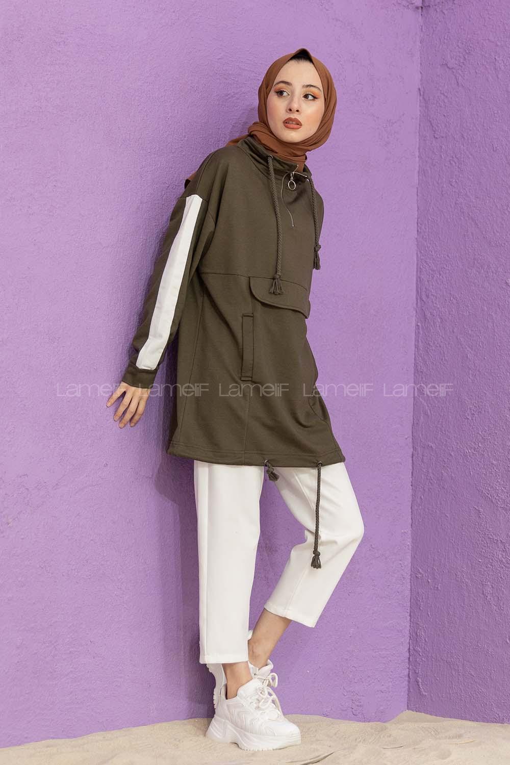 Modalamelif Kanguru Cepli Yaka Fermuarlı Corona Sweat Haki