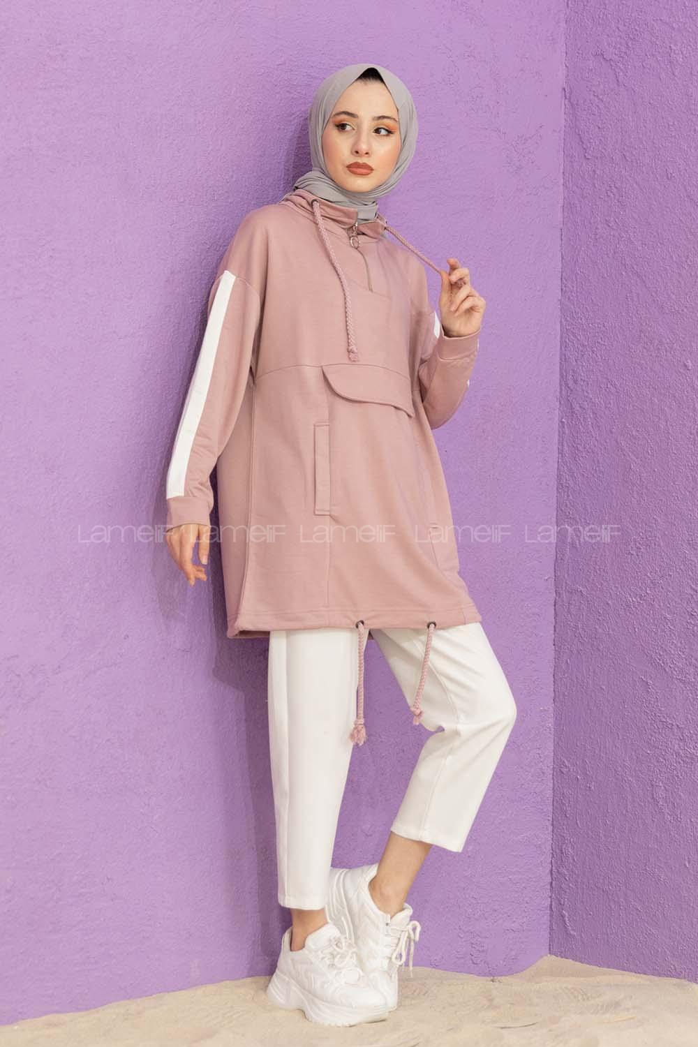 Modalamelif Kanguru Cepli Yaka Fermuarlı Corona Sweat Pudra