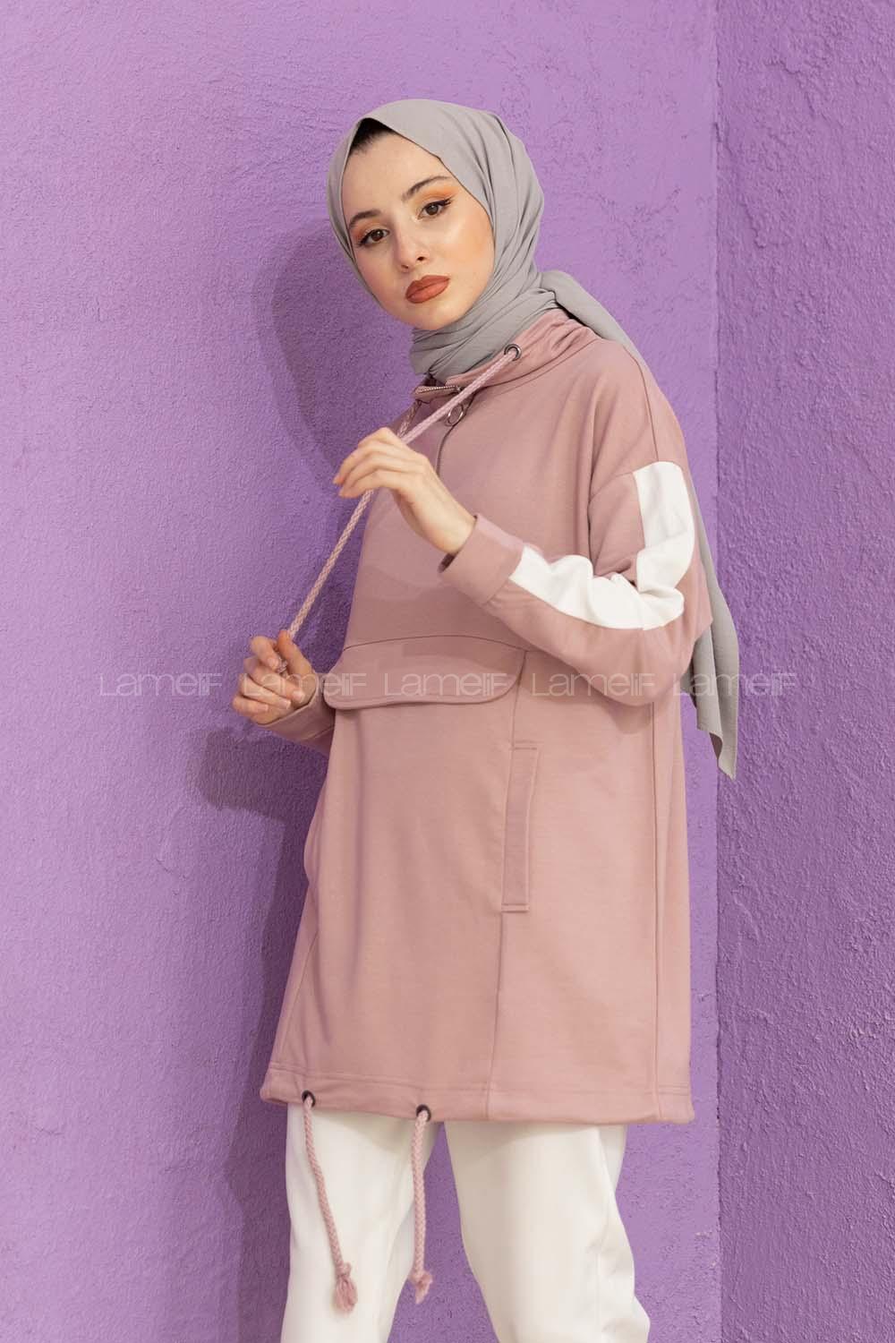 Modalamelif Kanguru Cepli Yaka Fermuarlı Corona Sweat Pudra