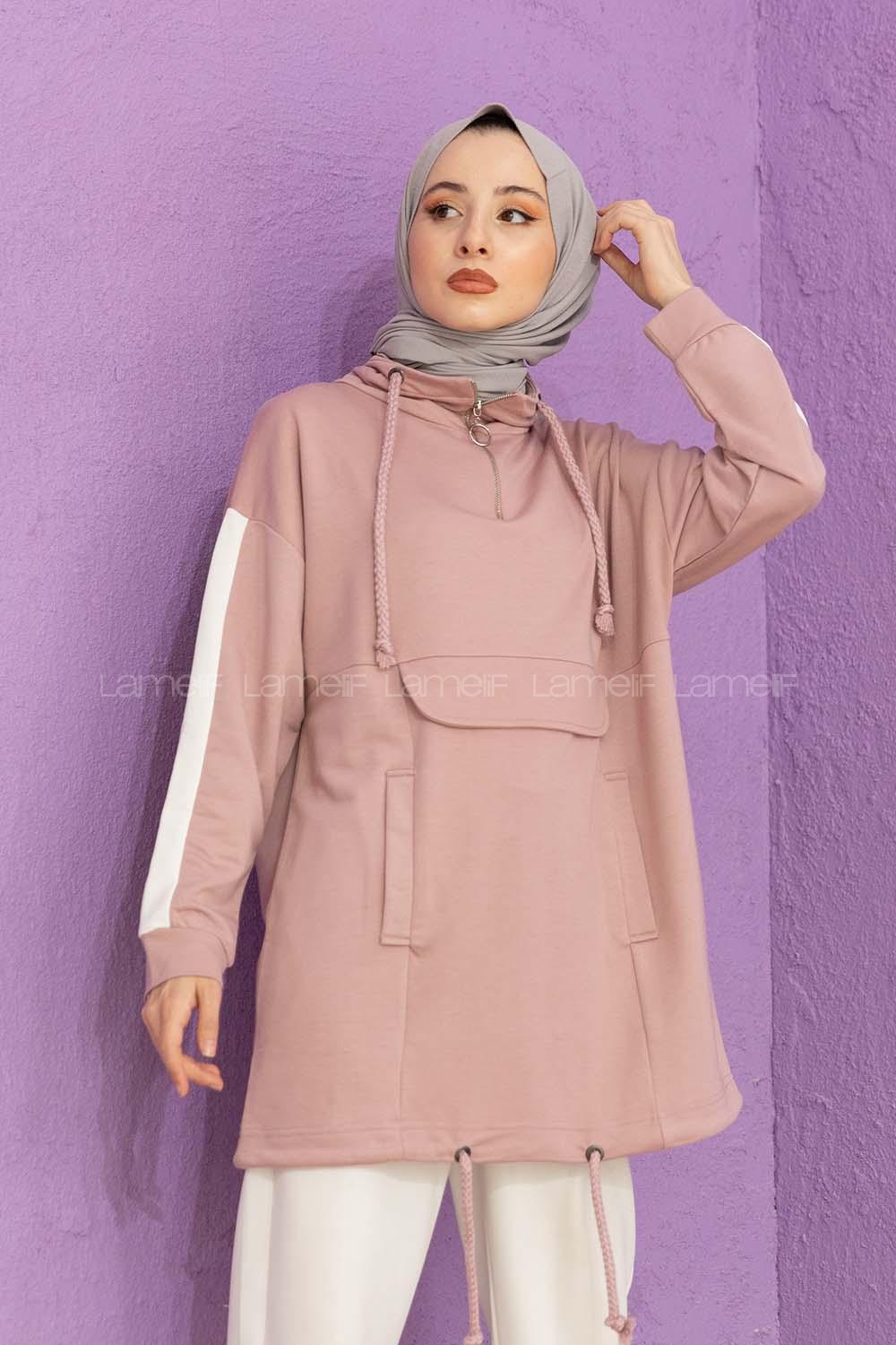 Modalamelif Kanguru Cepli Yaka Fermuarlı Corona Sweat Pudra