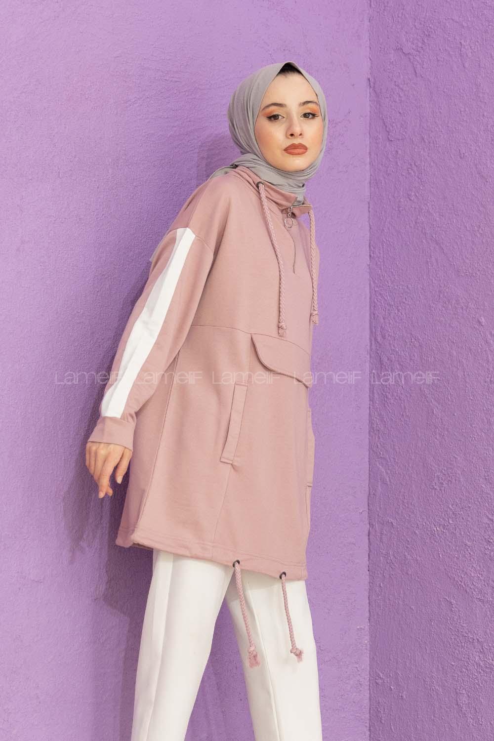 Modalamelif Kanguru Cepli Yaka Fermuarlı Corona Sweat Pudra