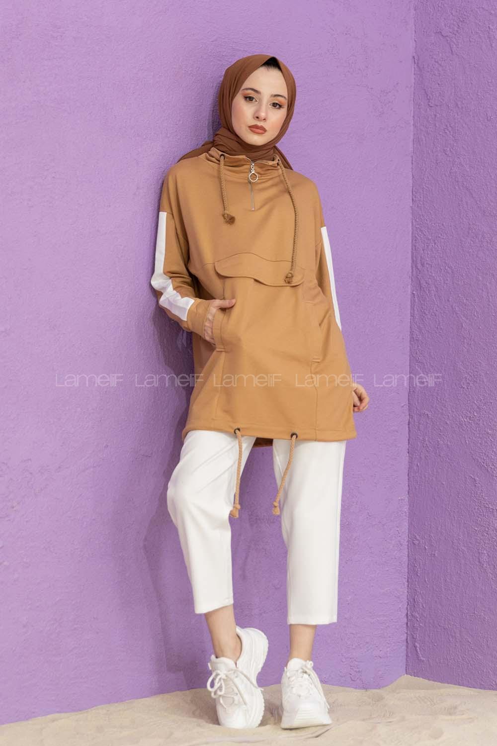 Modalamelif Kanguru Cepli Yaka Fermuarlı Sweat Sütlü Kahve