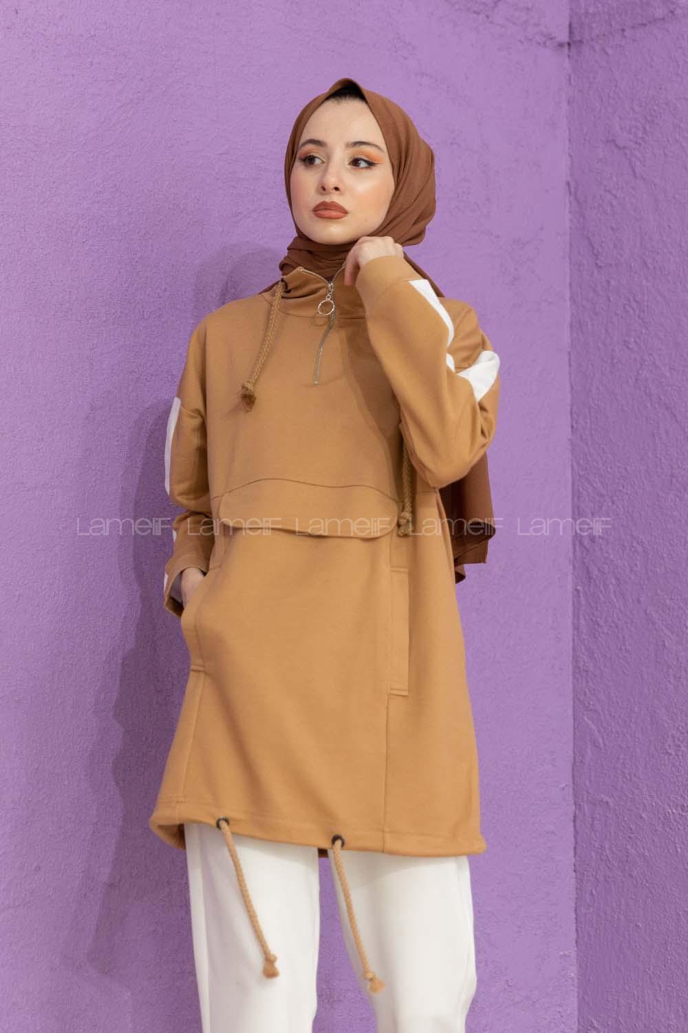 Modalamelif Kanguru Cepli Yaka Fermuarlı Sweat Sütlü Kahve