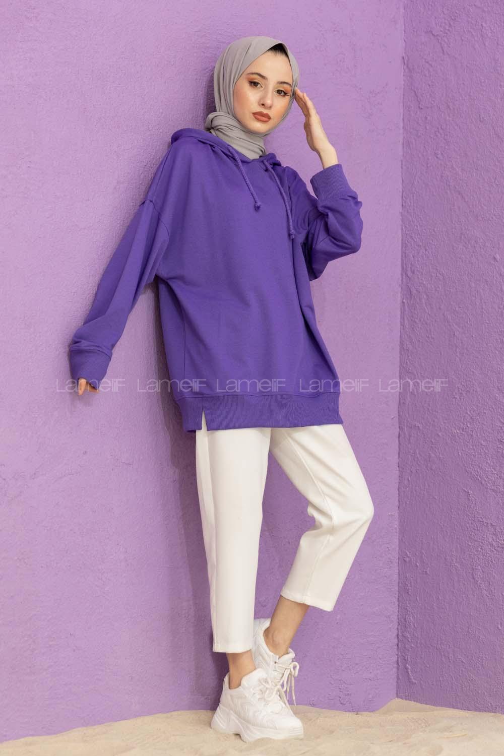 Modalamelif Kapşonlu Örgü İpli Sweat Mor
