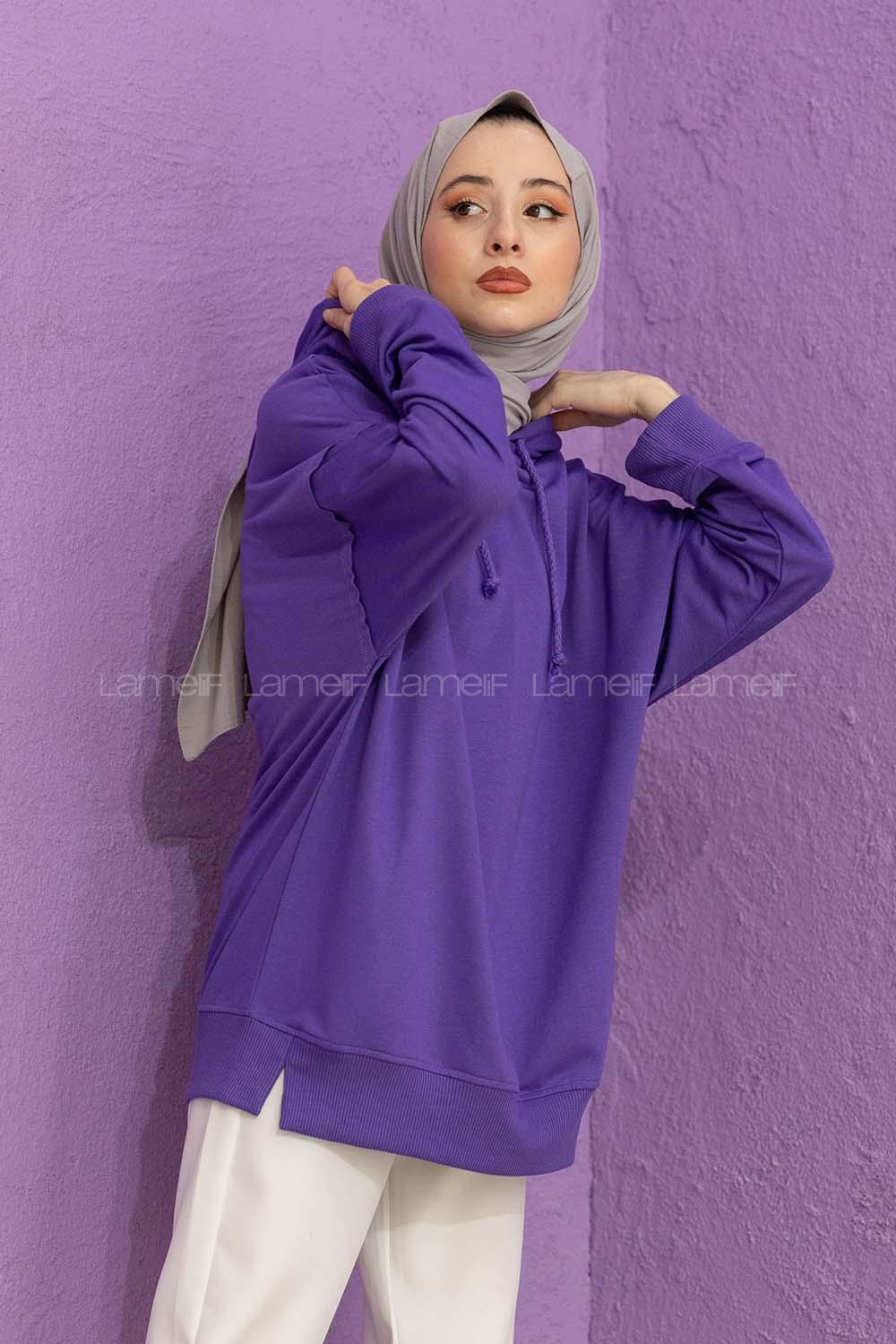 Modalamelif Kapşonlu Örgü İpli Sweat Mor