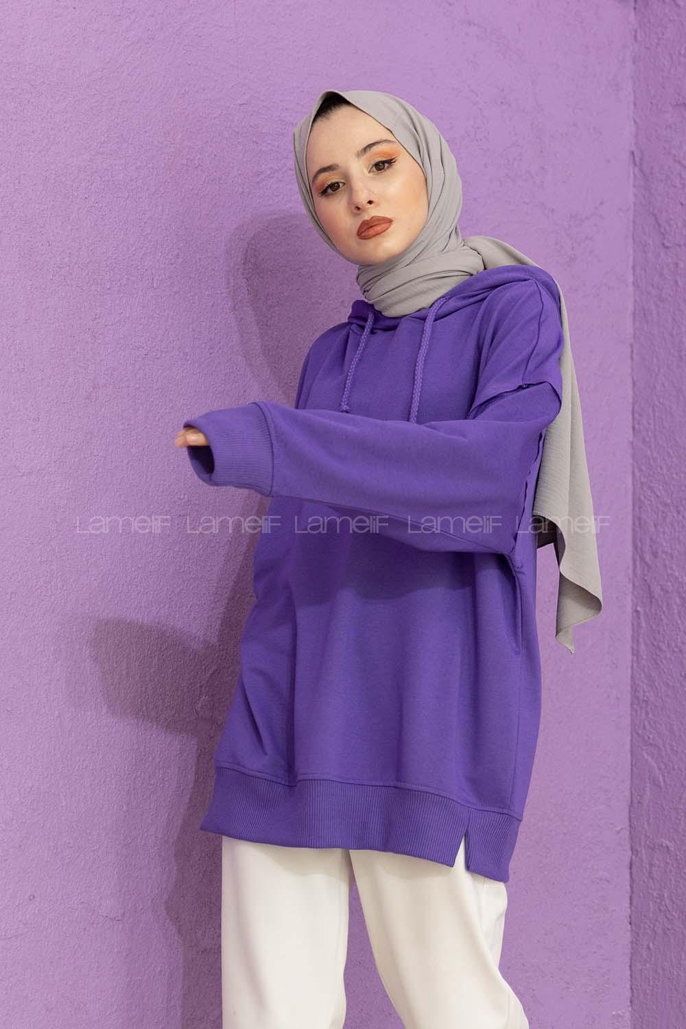 Modalamelif Kapşonlu Örgü İpli Sweat Mor