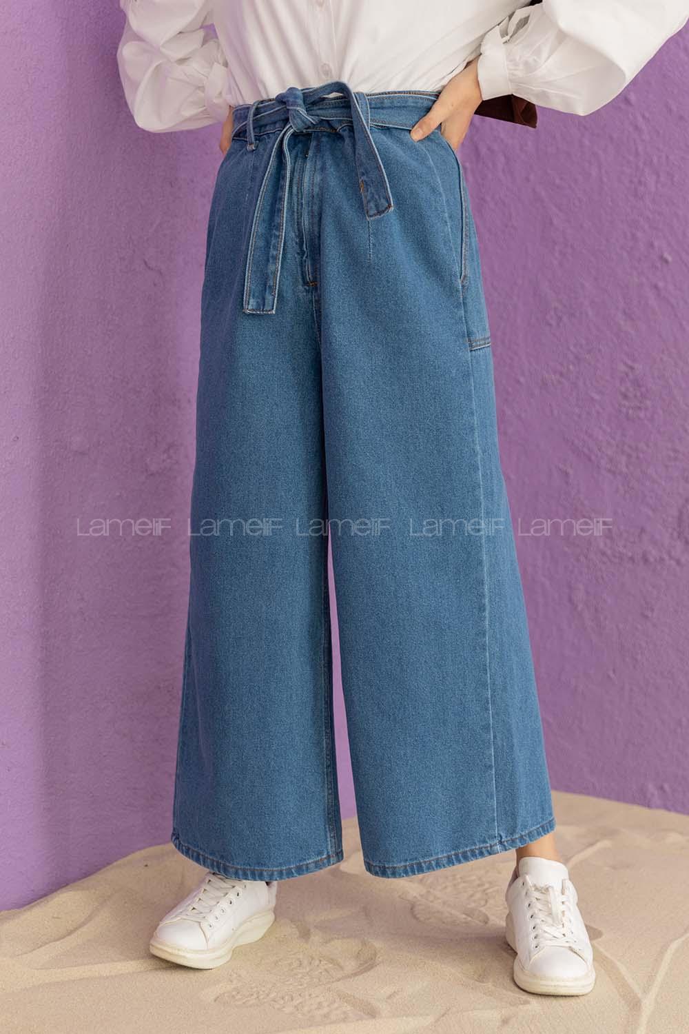 Modalamelif Kuşaklı Bol Paça Pantolon Kot Mavisi