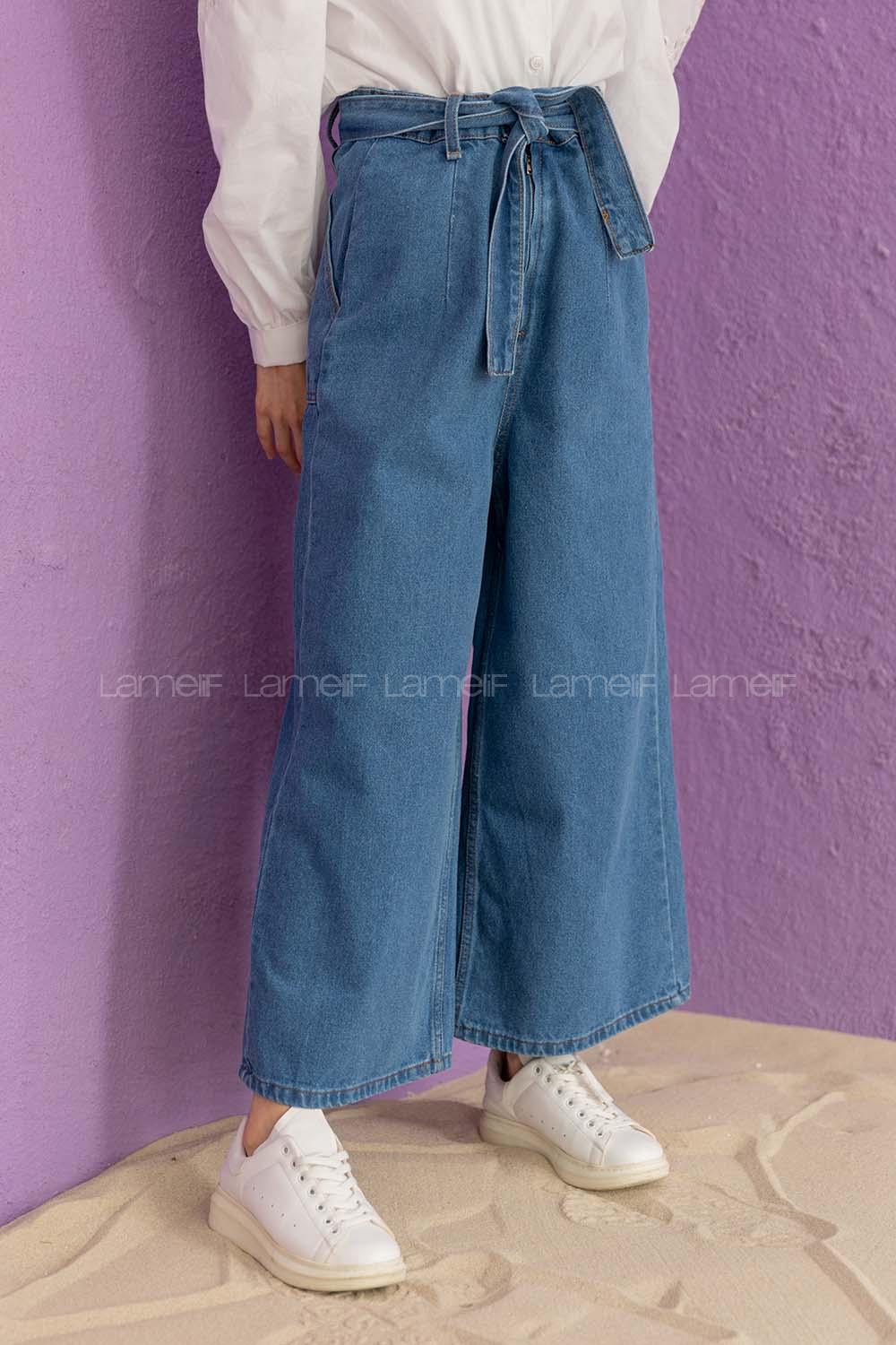 Modalamelif Kuşaklı Bol Paça Pantolon Kot Mavisi