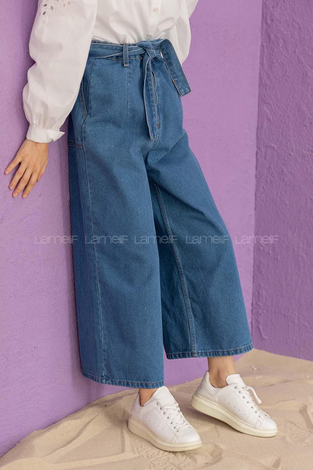 Modalamelif Kuşaklı Bol Paça Pantolon Kot Mavisi