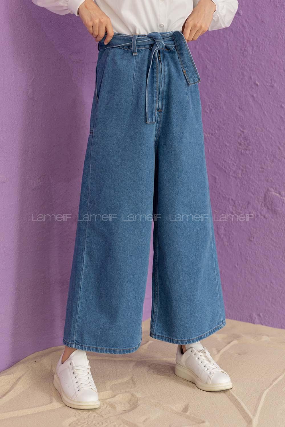 Modalamelif Kuşaklı Bol Paça Pantolon Kot Mavisi