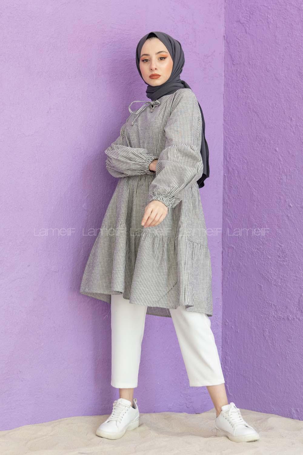 Modalamelif Yaka Bağlamalı Çizgili Tunik Gri