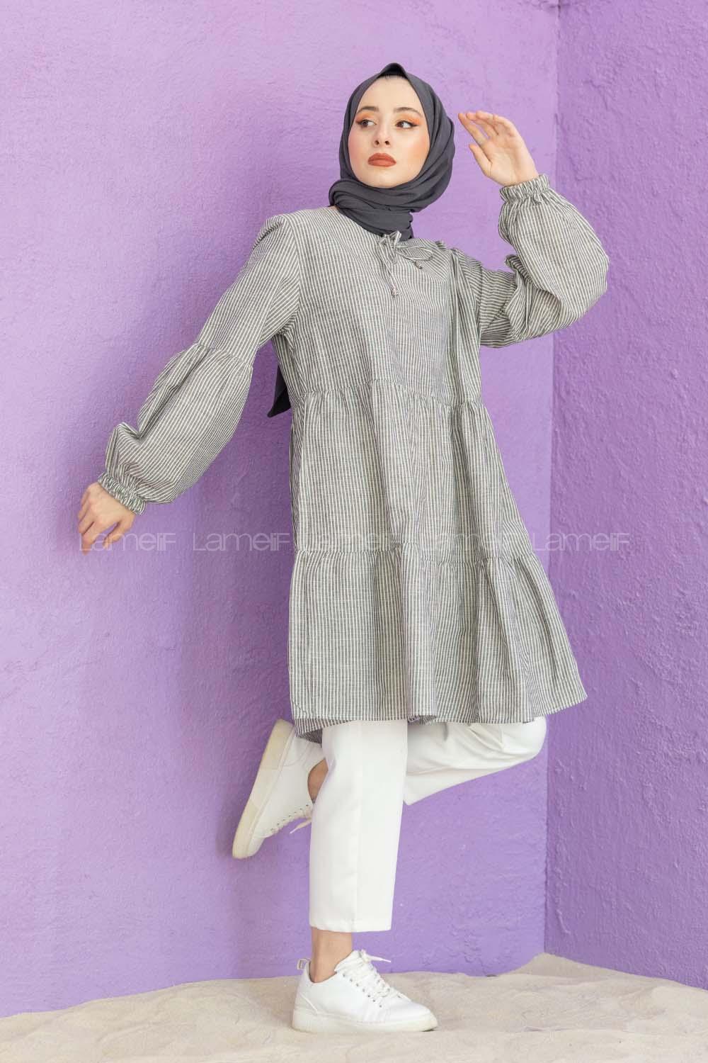 Modalamelif Yaka Bağlamalı Çizgili Tunik Gri