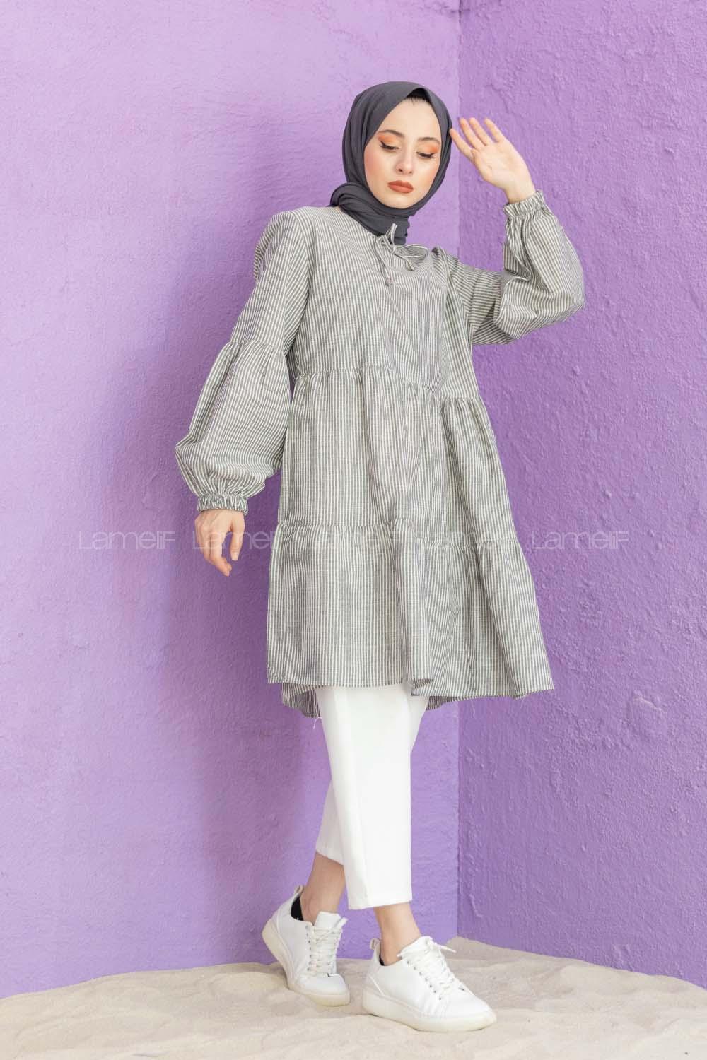 Modalamelif Yaka Bağlamalı Çizgili Tunik Gri