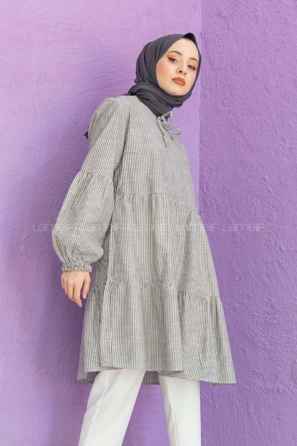 Modalamelif Yaka Bağlamalı Çizgili Tunik Gri