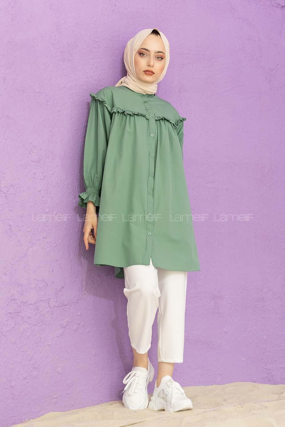 Modalamelif Kol Lastikli Önü Pileli Tunik Pastel Yeşili