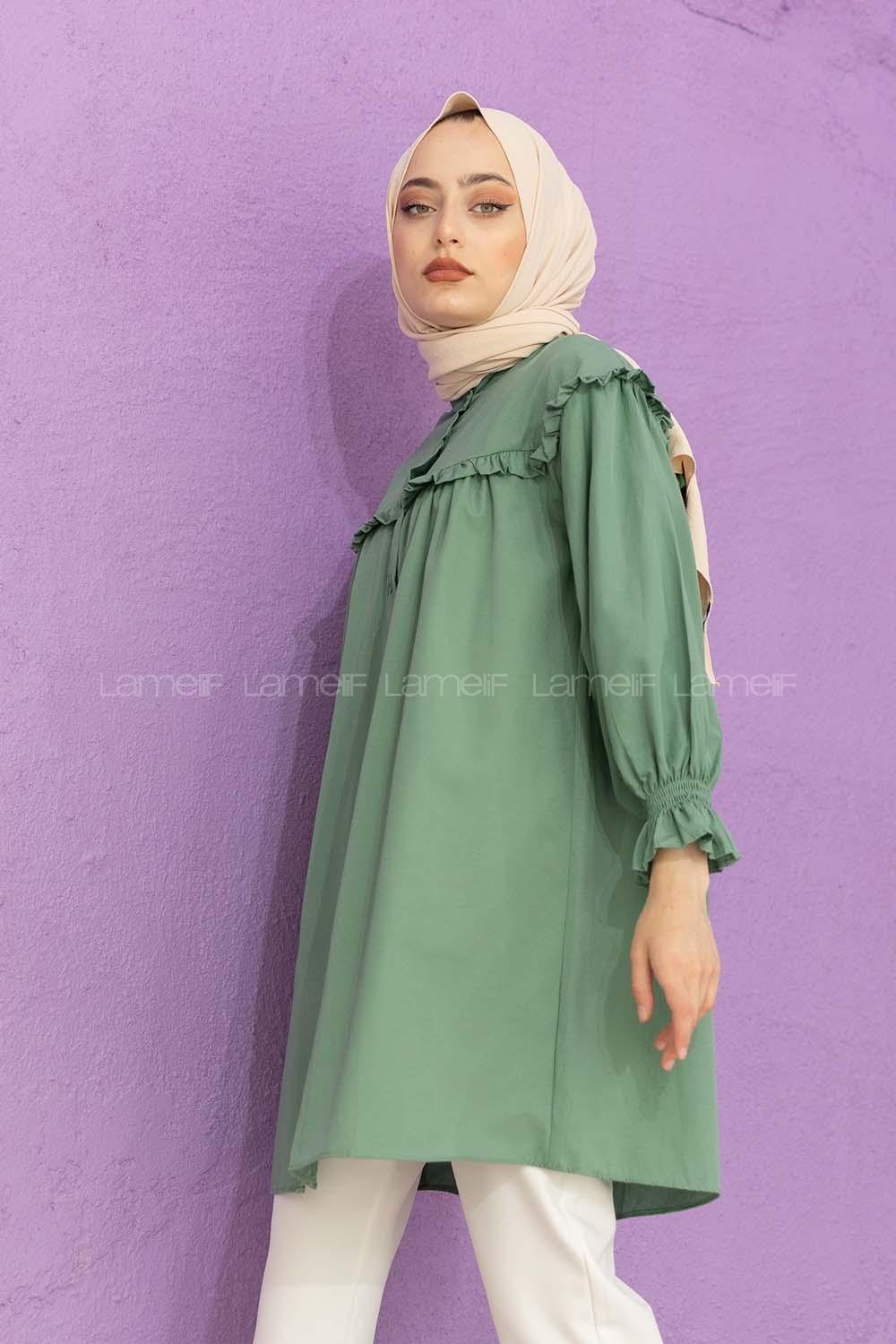 Modalamelif Kol Lastikli Önü Pileli Tunik Pastel Yeşili