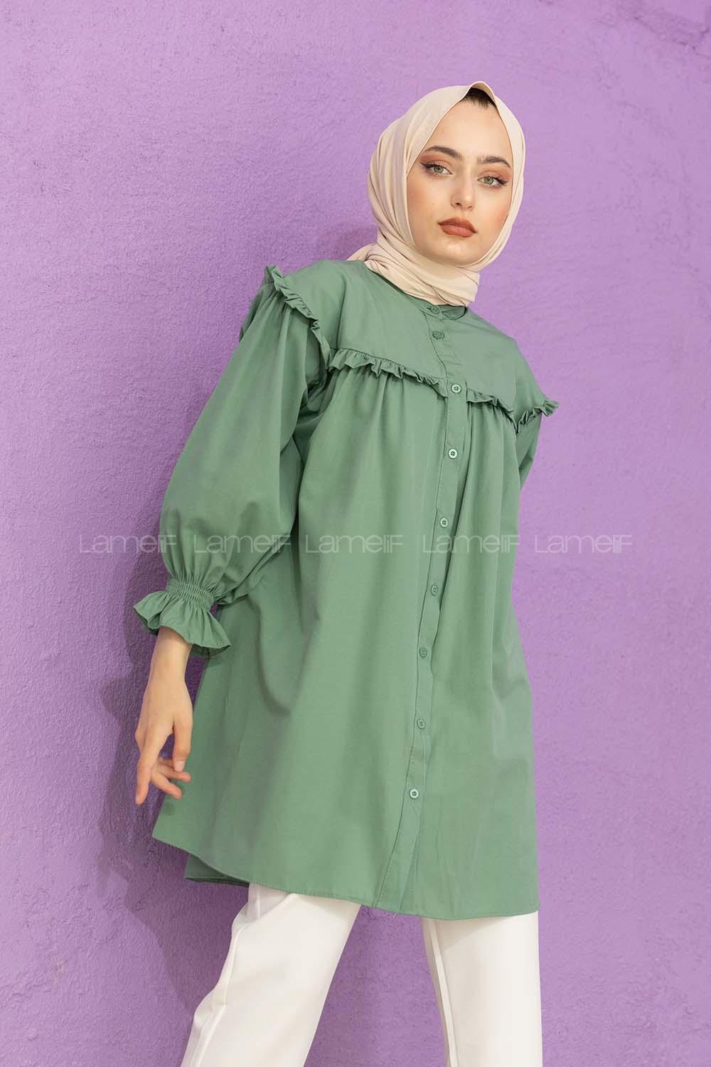 Modalamelif Kol Lastikli Önü Pileli Tunik Pastel Yeşili