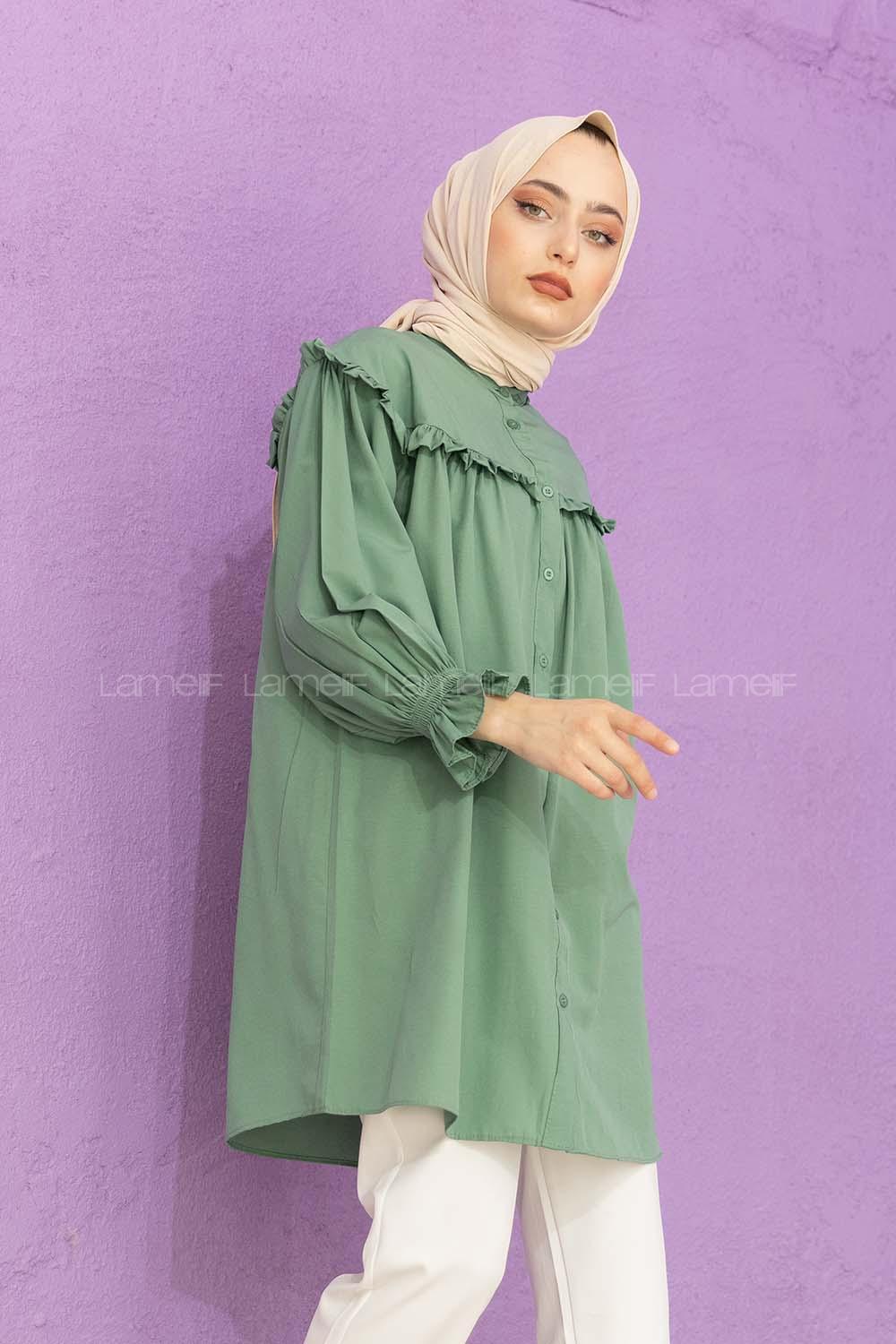 Modalamelif Kol Lastikli Önü Pileli Tunik Pastel Yeşili