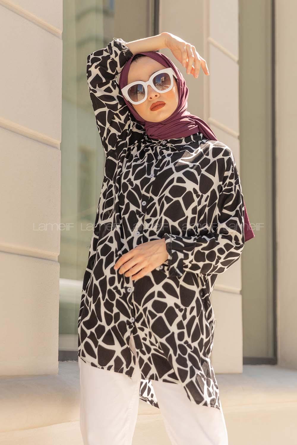 Modalamelif Soyut Desen Gömlek Siyah Beyaz