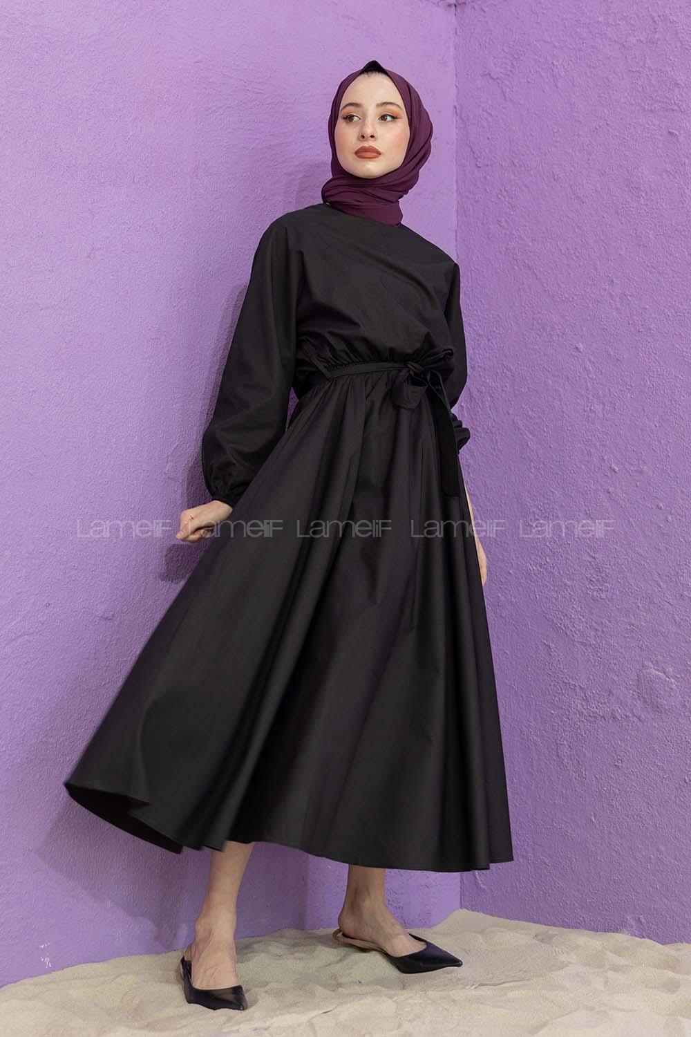 Modalamelif Kol Lastik Kuşaklı Elbise Siyah