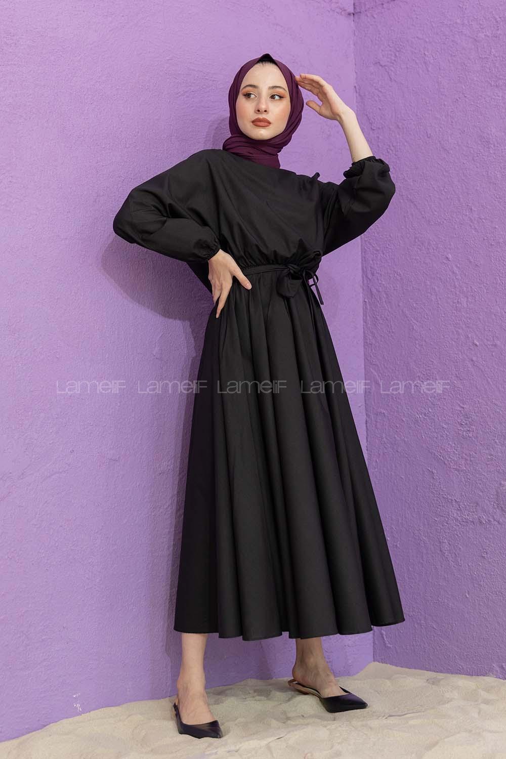 Modalamelif Kol Lastik Kuşaklı Elbise Siyah