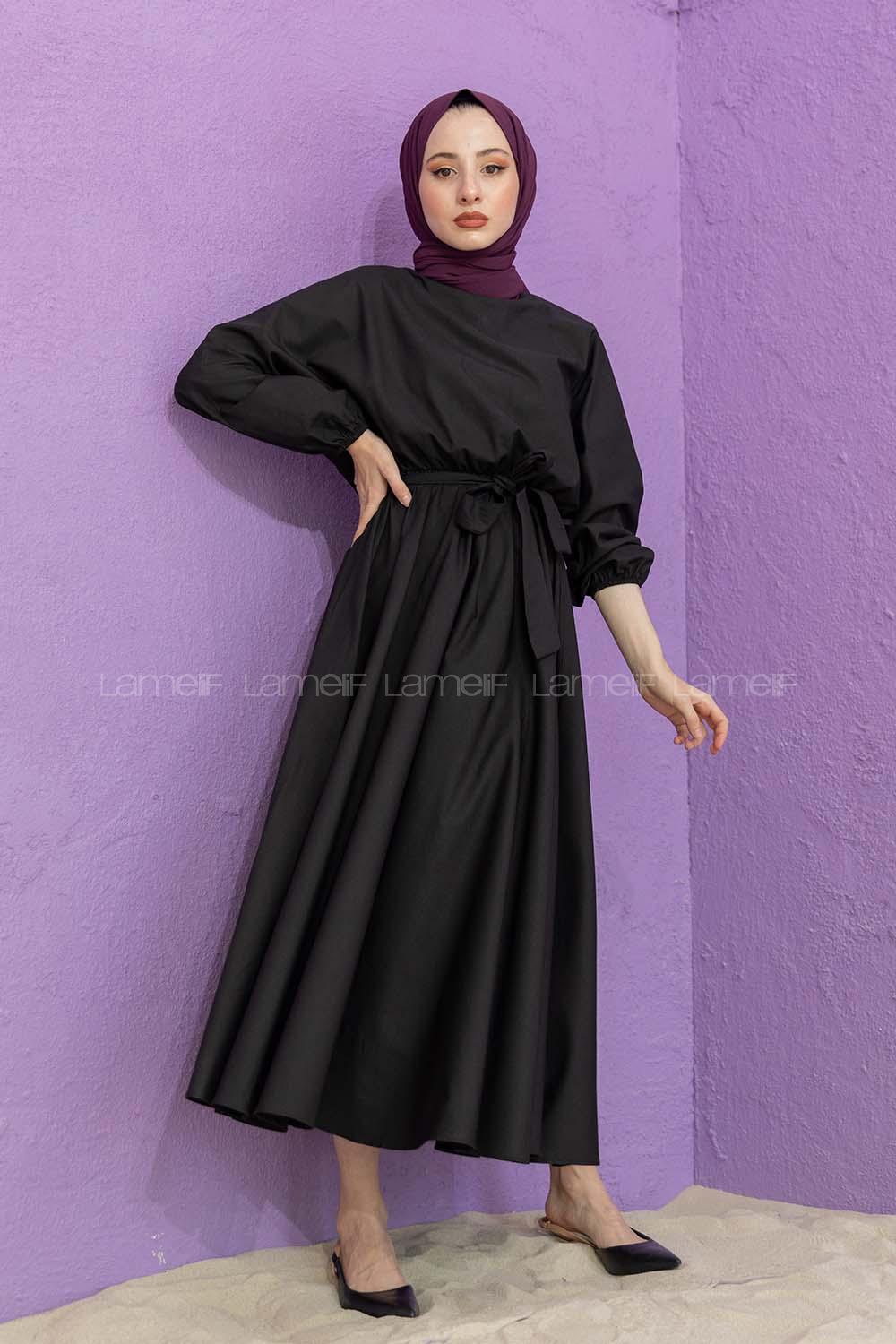 Modalamelif Kol Lastik Kuşaklı Elbise Siyah