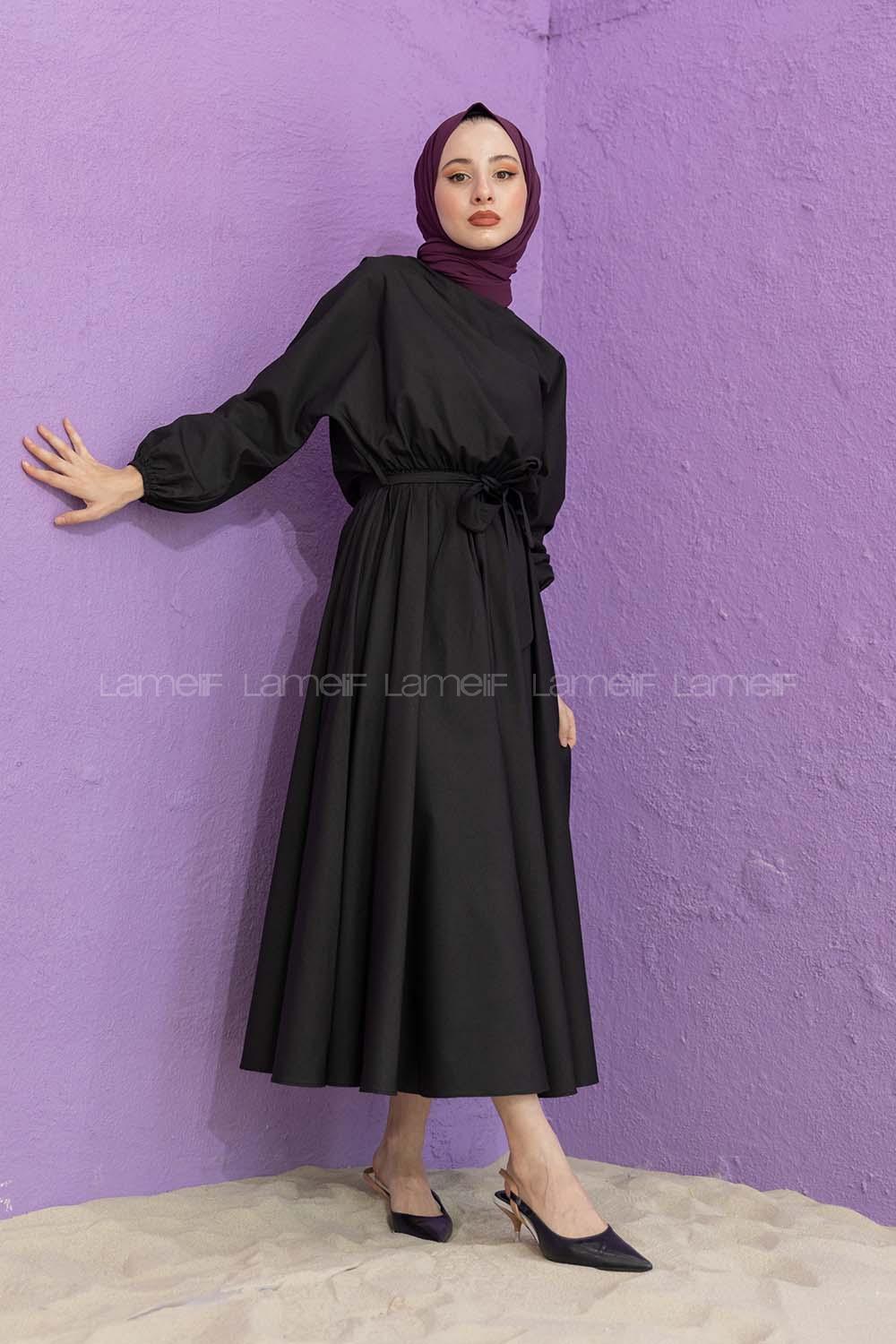 Modalamelif Kol Lastik Kuşaklı Elbise Siyah