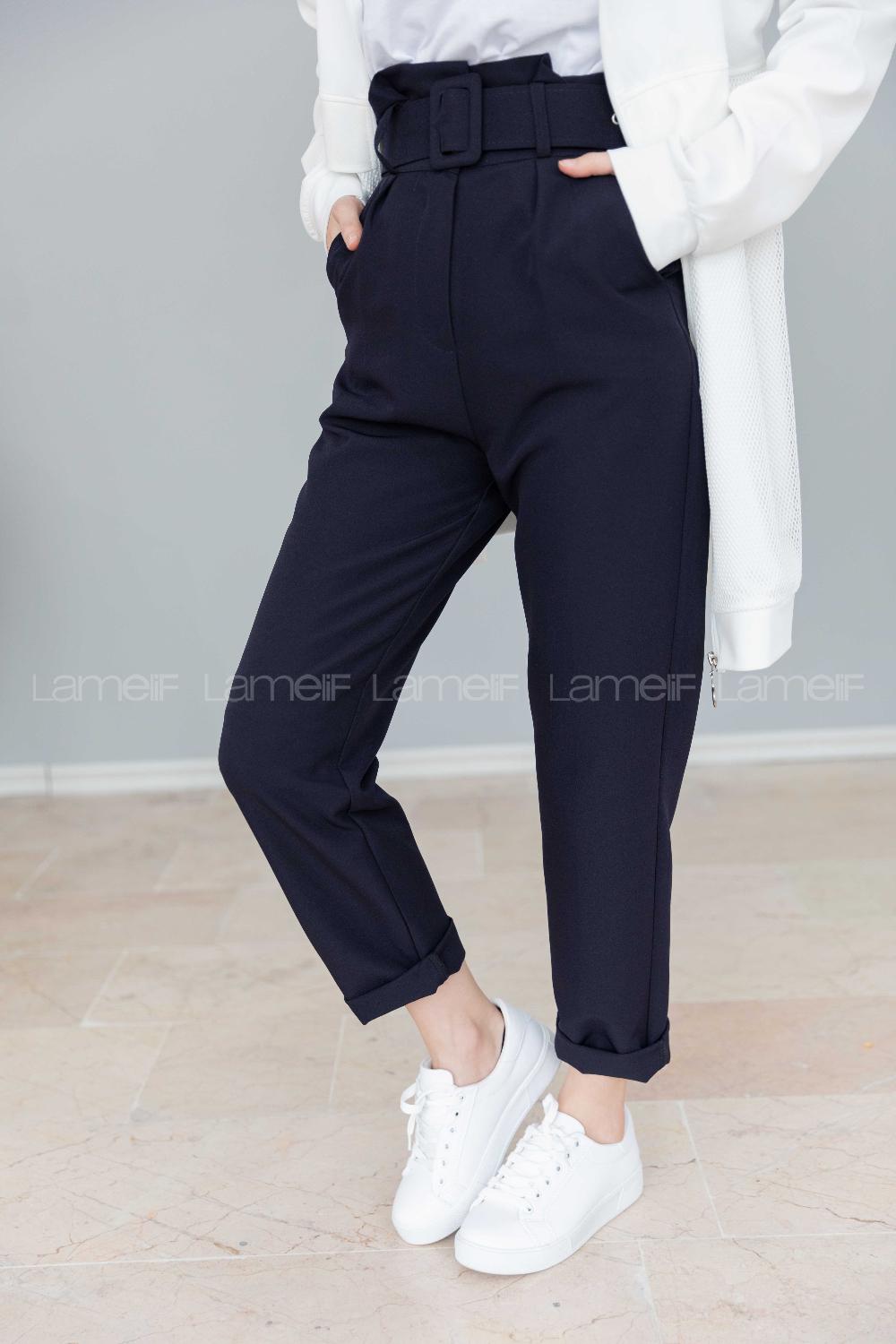 Modalamelif  Beli Fırfırlı Kemerli Pantolon Lacivert