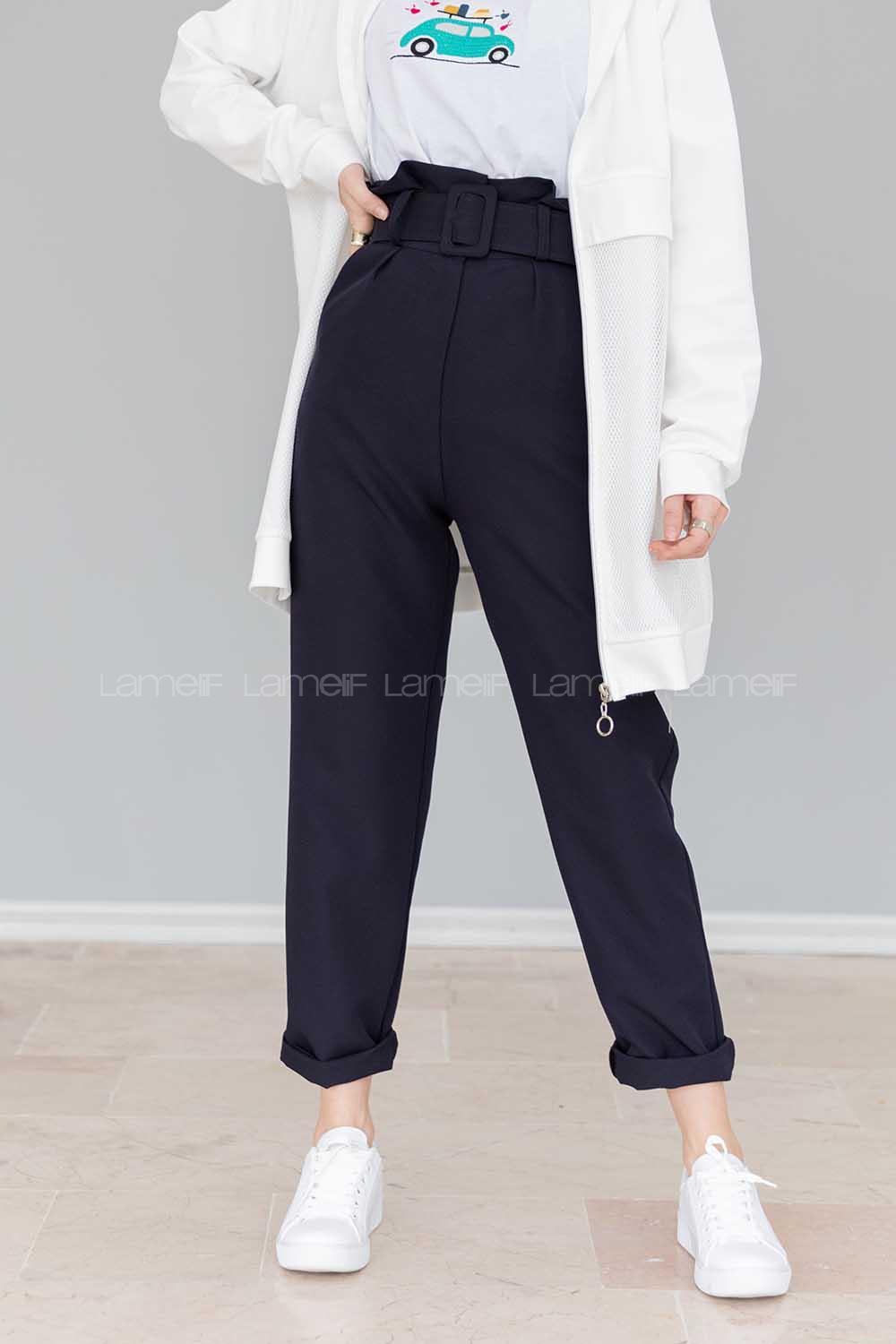 Modalamelif  Beli Fırfırlı Kemerli Pantolon Lacivert