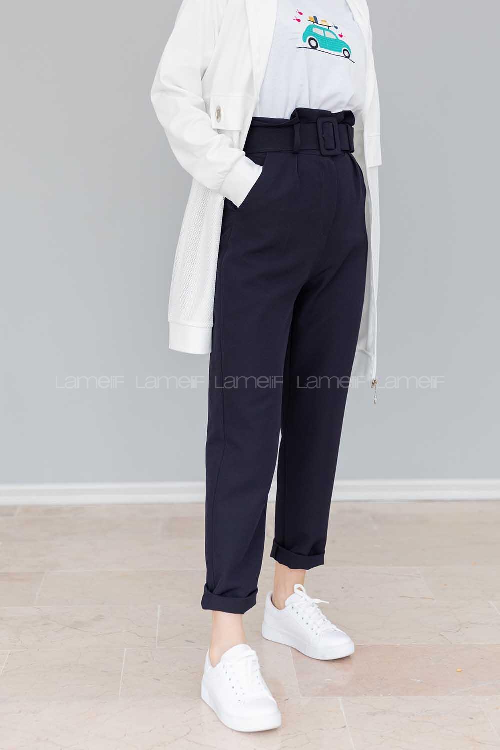 Modalamelif  Beli Fırfırlı Kemerli Pantolon Lacivert