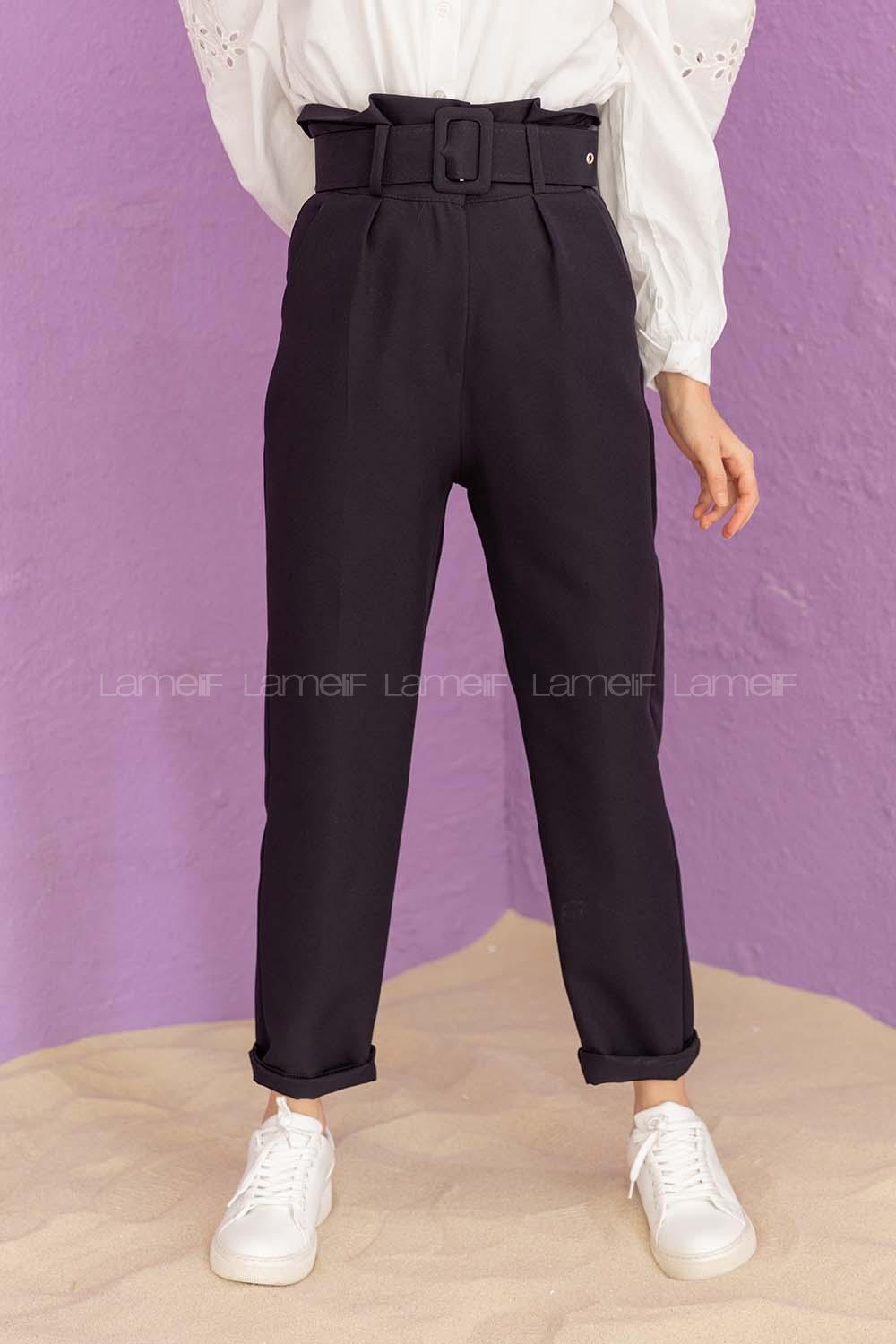 Modalamelif  Beli Fırfırlı Kemerli Pantolon Siyah