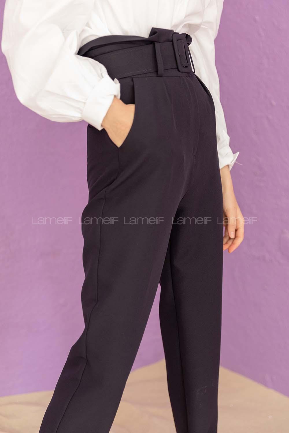 Modalamelif  Beli Fırfırlı Kemerli Pantolon Siyah