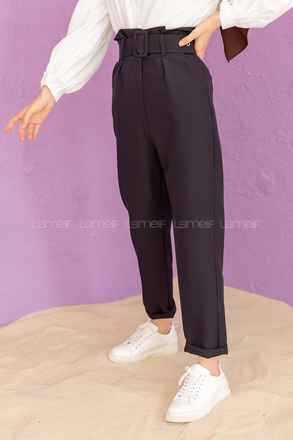 Modalamelif  Beli Fırfırlı Kemerli Pantolon Siyah