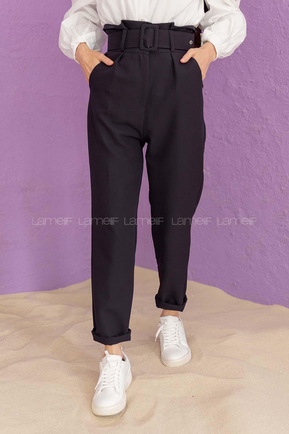 Modalamelif  Beli Fırfırlı Kemerli Pantolon Siyah